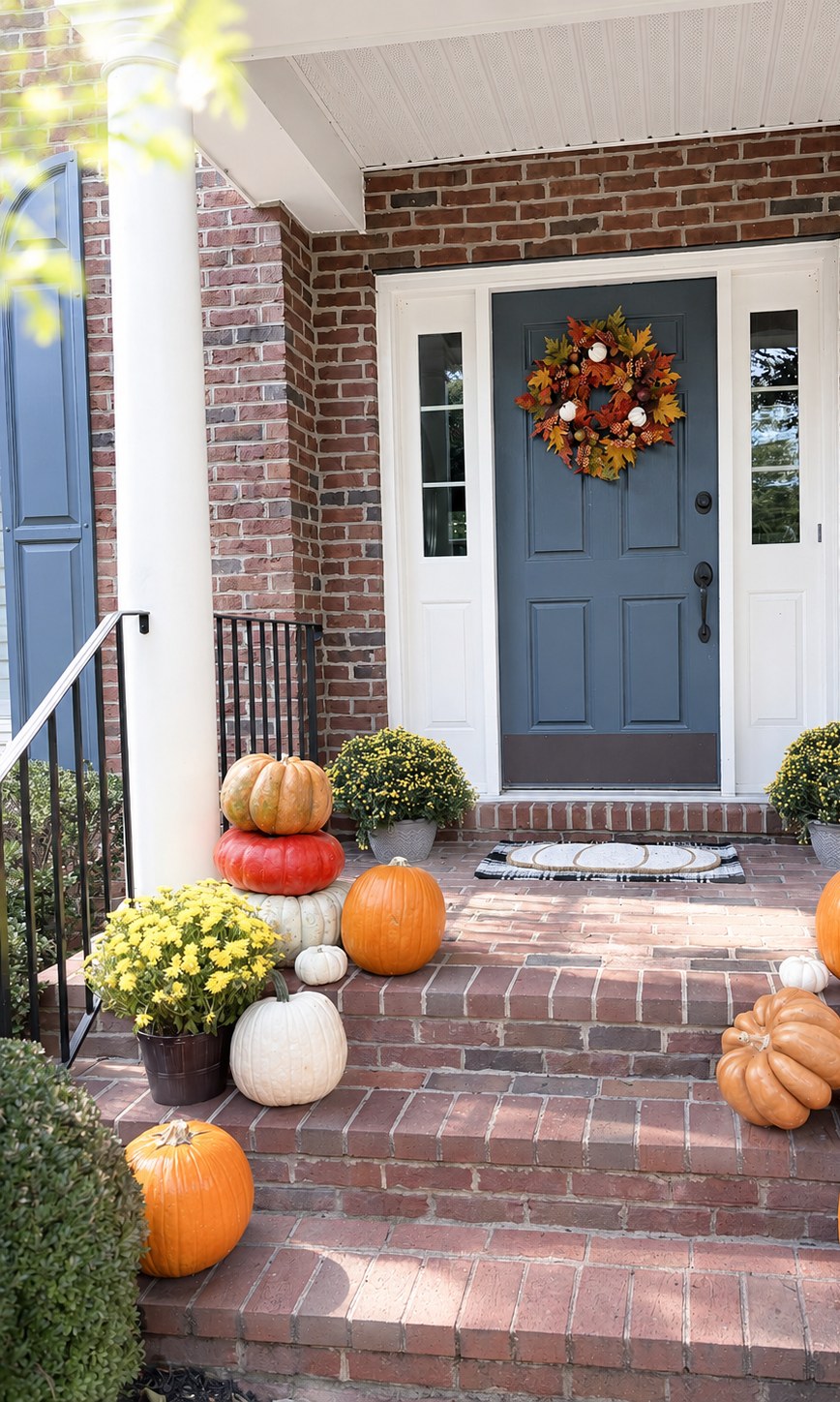 A blue-grey front door with an autumn leaf wreath, matched mums either side and a stack of heirloom pumpkins