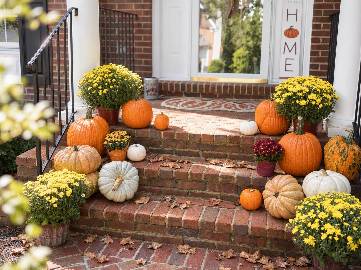 Brick front steps layered with heirloom pumpkins, gourds and yellow mums, autumn leaves across the walk