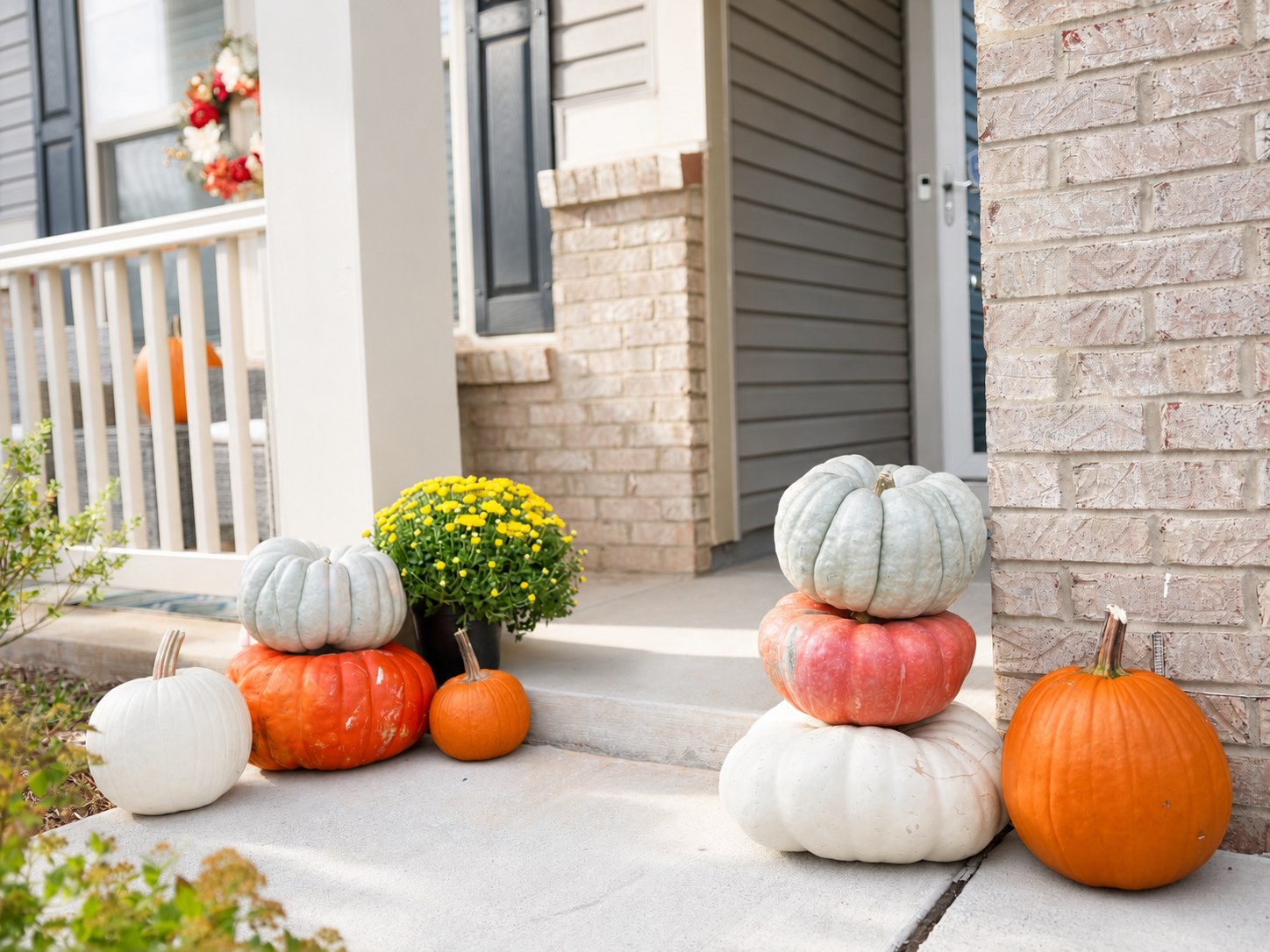 A front entry with stacked heirloom pumpkins and mums either side of the step