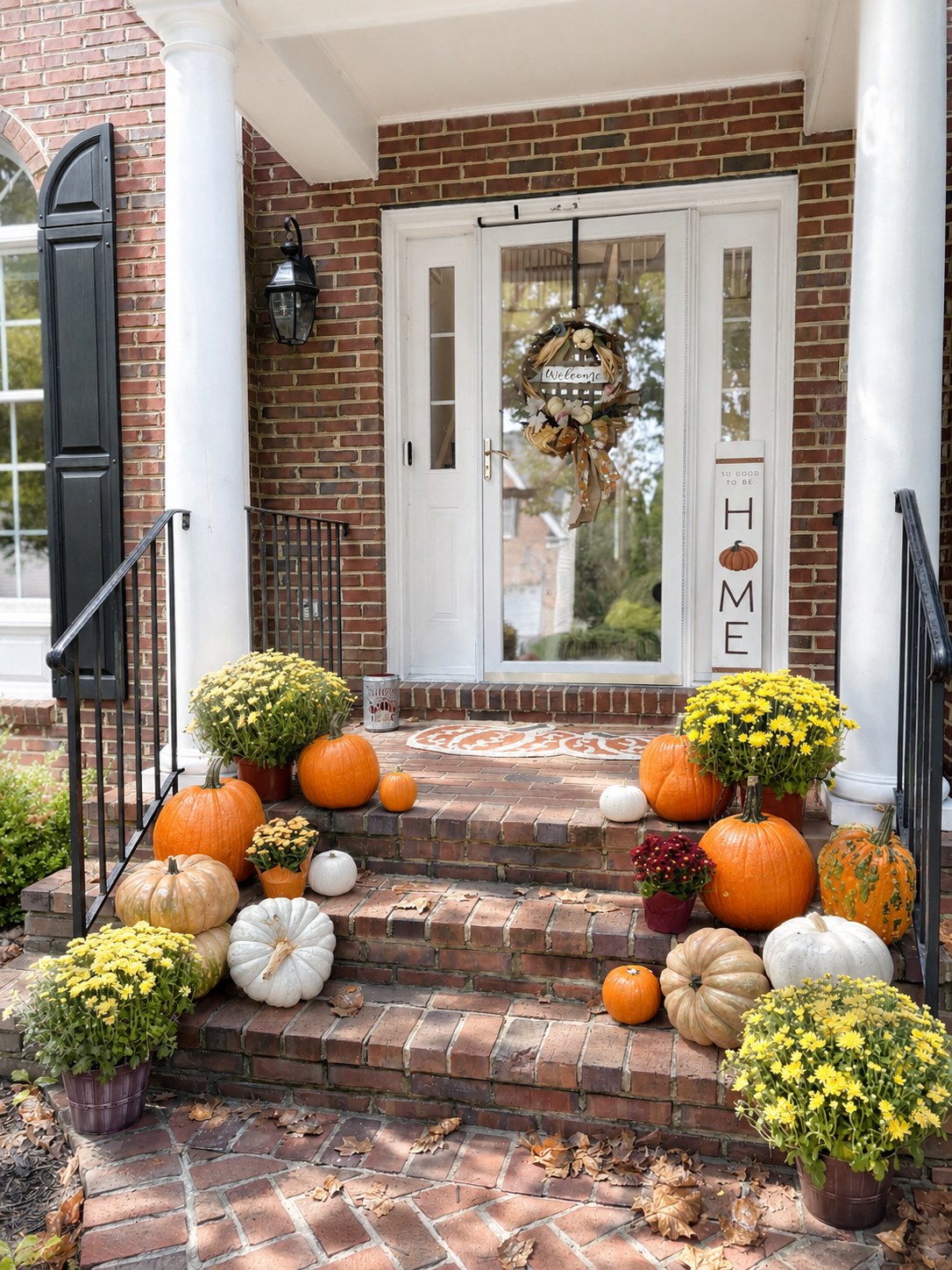 A white front door between painted columns, framed by mums and heirloom pumpkins down the brick steps