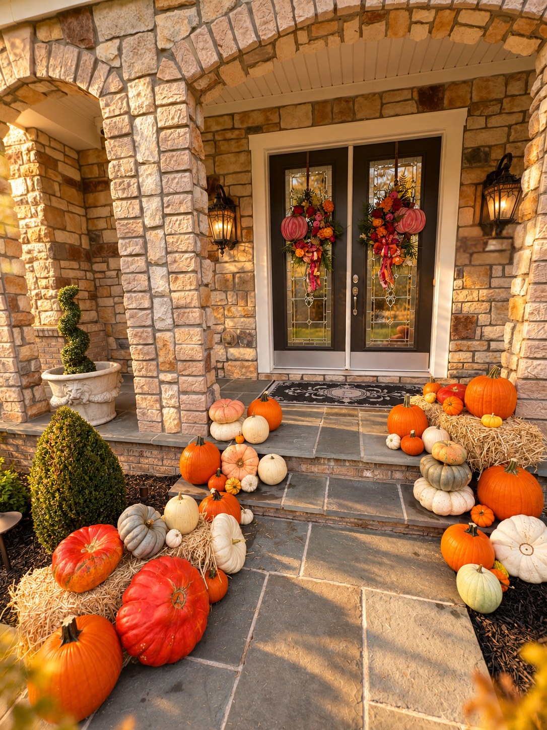 An arched stone entry with double doors and two autumn wreaths, pumpkins lining the walk on either side