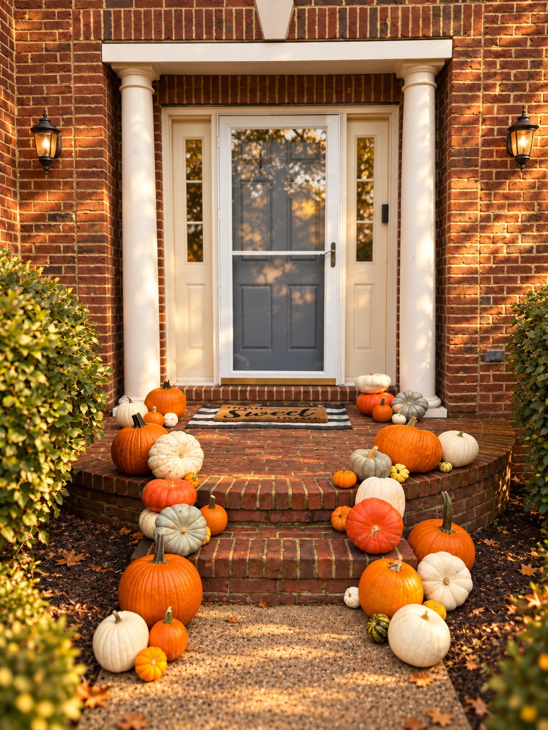 A brick colonial stoop with white columns and pumpkins in orange and white cascading down the steps