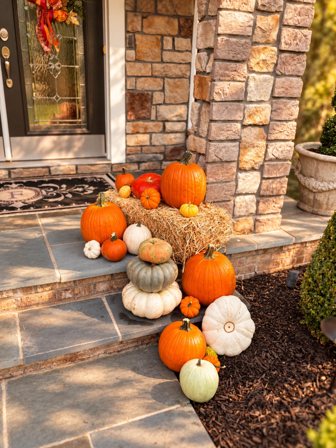 A leaded-glass front door with an autumn wreath, pumpkins piled on a hay bale down the stone steps