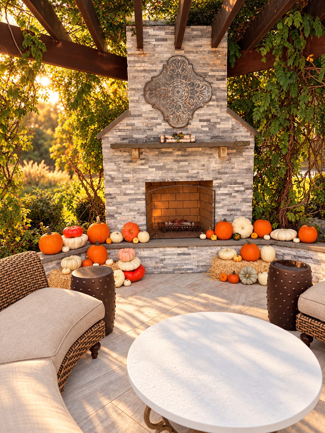 A covered patio with a stone fireplace under a timber pergola, pumpkins and gourds banked along the hearth with hay bales