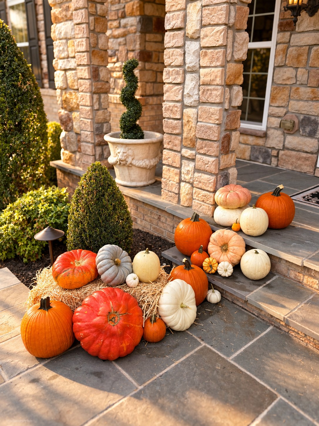 Orange, white and pale-green pumpkins with gourds and hay bales gathered along stone front steps