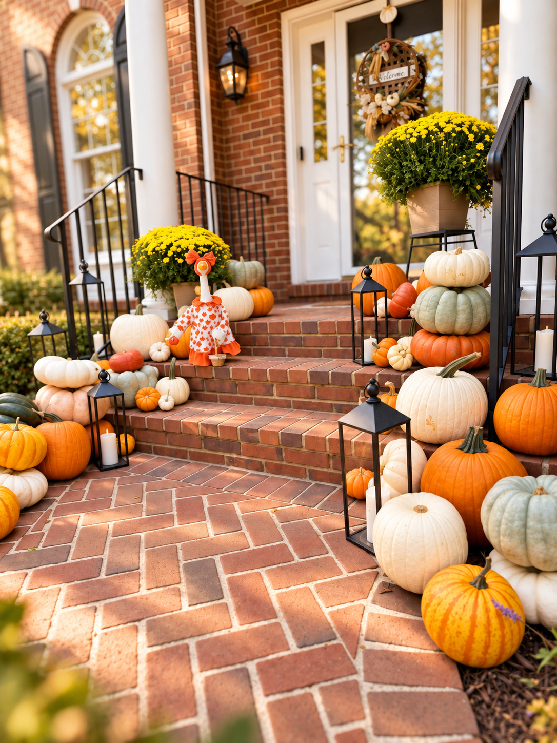 A brick front porch styled with real pumpkins, gourds and mums for autumn, Northern Virginia