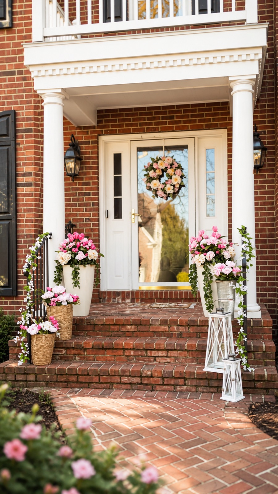 A brick colonial front porch styled with layered planters and a hand-tied wreath, Ashburn, Virginia