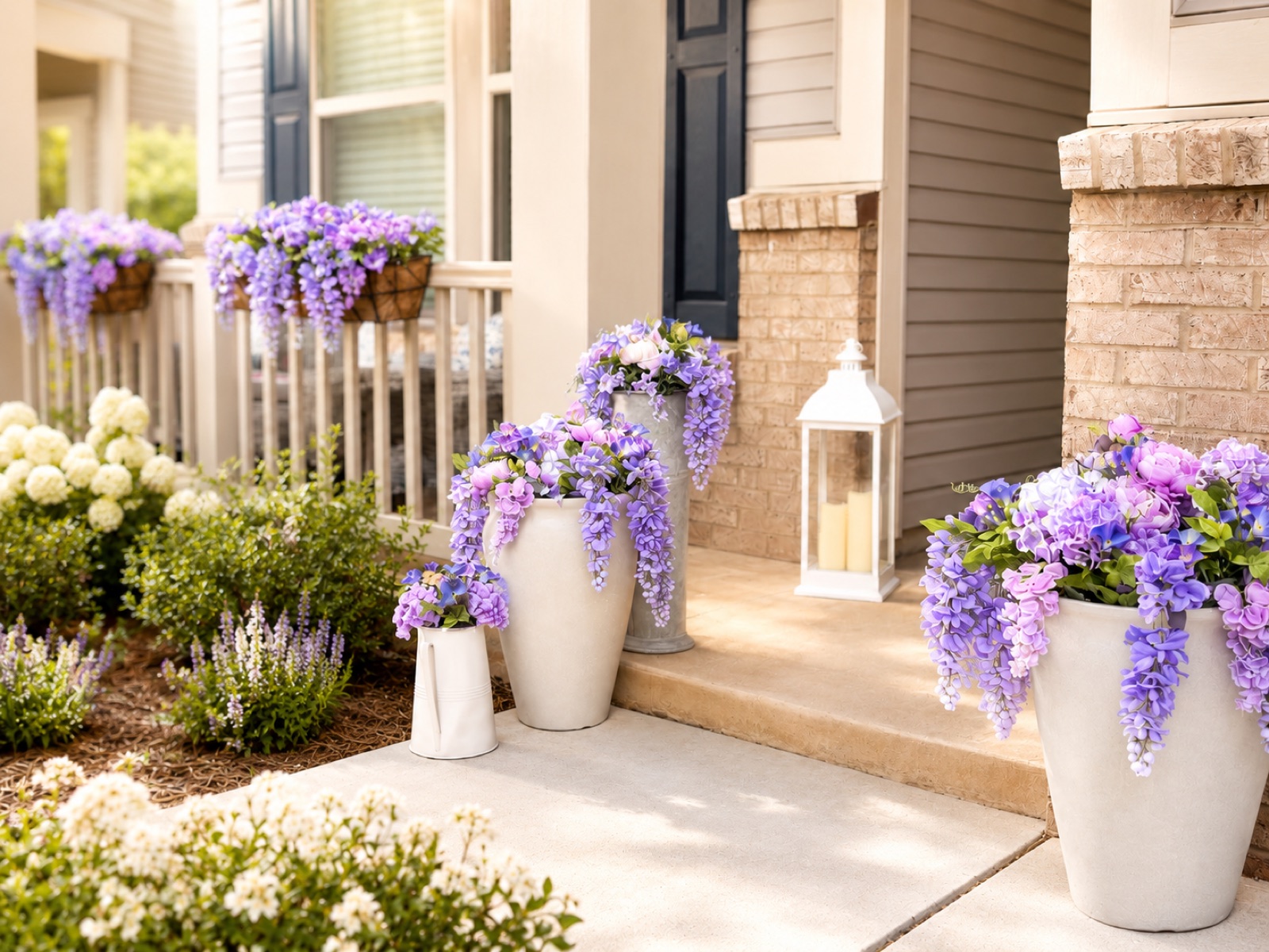 A front porch with lavender planters and a lantern along the steps, Sterling, Virginia